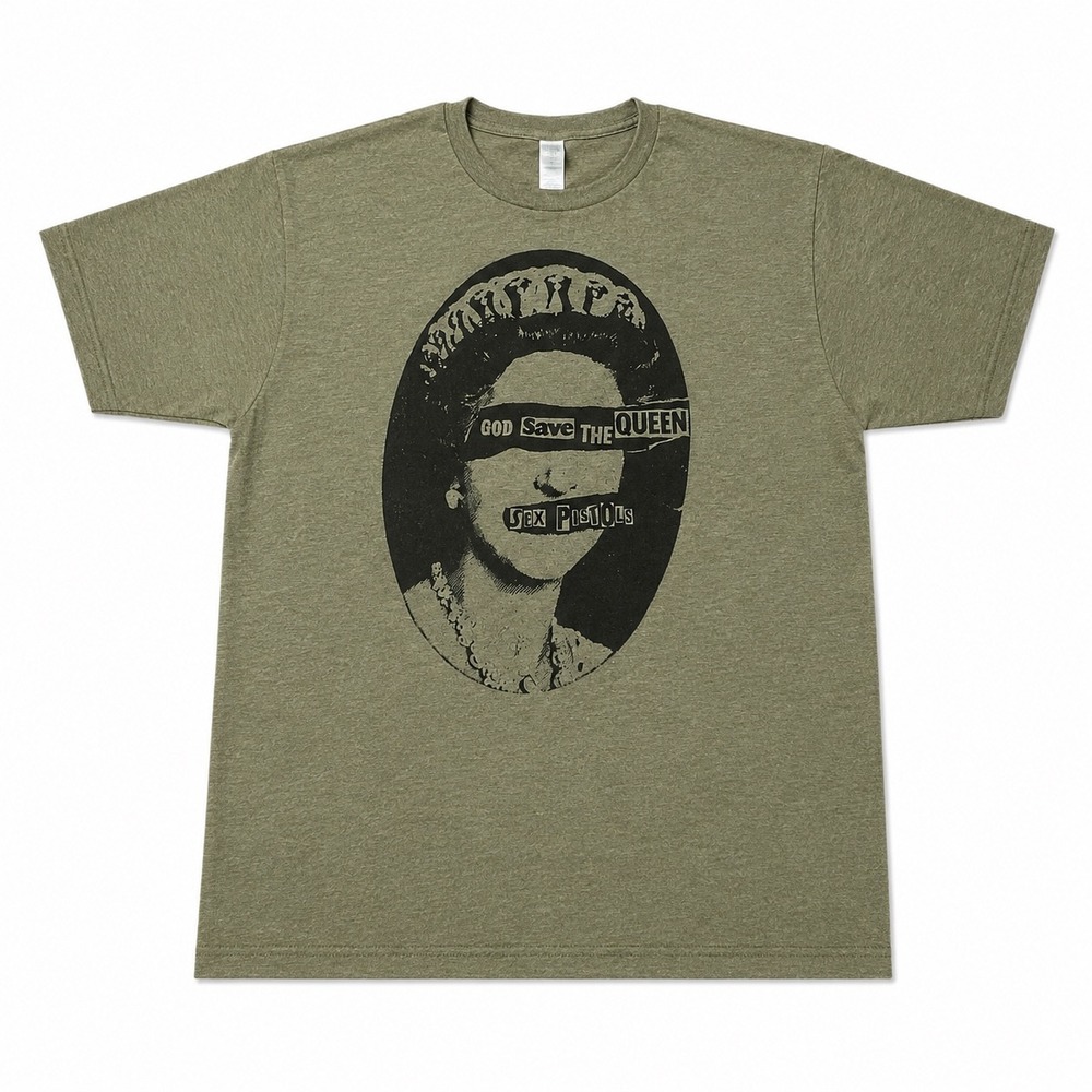 Sex Pistols God Save The Queen Graphic T-Shirt Olive Green Punk Rock Mens Large
